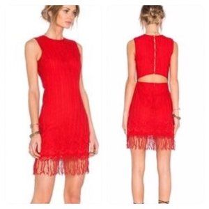 Lovers & Friends Women's Red Lace Overlay Fringe Hem Polyester Mini Dress